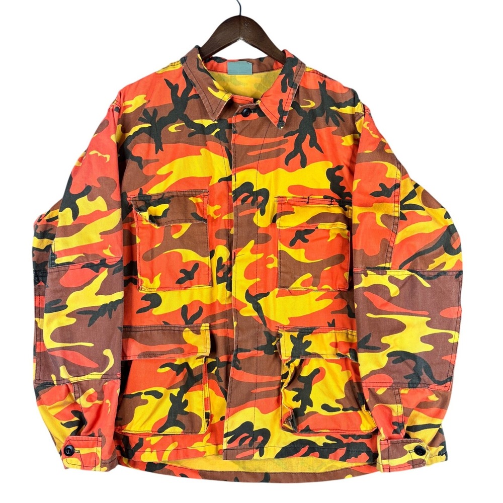 Vintage Rothco Orange Yellow Camo BDU Field Jacket Mens Large Regular USA Made